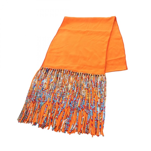 HERMES Fringe Stole Silk Multicolor Orange Used Women