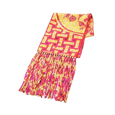 HERMES Fringe Scarf MOSAIQUE AU 24 Scarf silk Pink Red Yellow Used Women