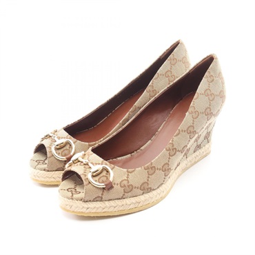 GUCCI GG Canvas Open Toe pumps Shoes canvas Beige Brown Used Women size 36 1/2