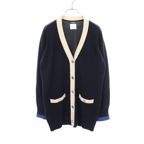 CHANEL COCO Mark button cardigan P50916K06535 cashmere Navy Beige Blue #38 Used