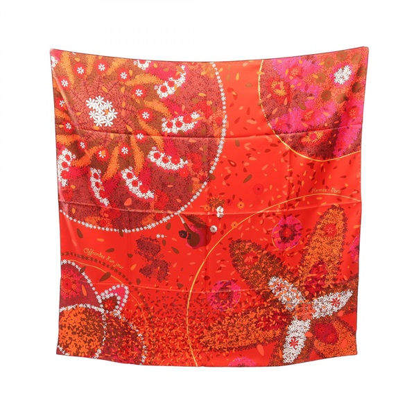 HERMES Carre90 OFFRANDES D'UN JOUR Scarf Silk Red White Multicolor Used Women