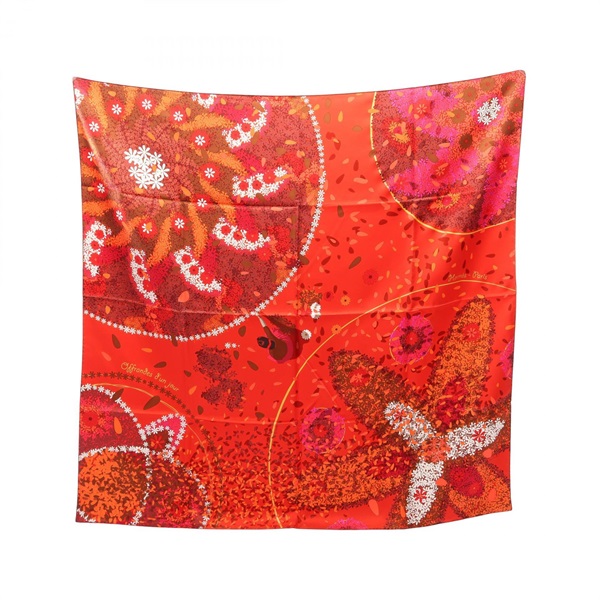 HERMES Carre90 OFFRANDES D'UN JOUR Scarf Silk Red Multicolor Used Women CC Coco