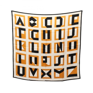 HERMES Carre90 LETTRES AU CARRE Scarf silk White Black Brown Used Women