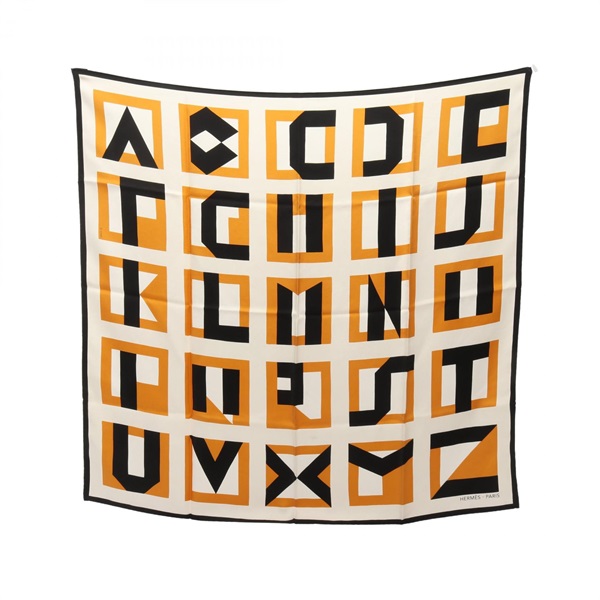 HERMES Carre90 LETTRES AU CARRE Scarf silk White Black Brown Used Women