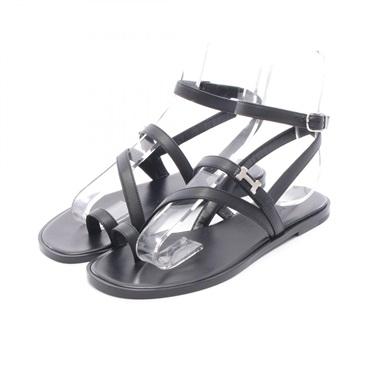 HERMES Armoni Sandals Flat Shoes #37 leather Black Women