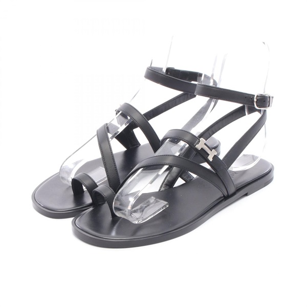 HERMES Armoni Sandals Flat Shoes #37 leather Black Women