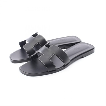 HERMES Oran Sandals Flat leather Black Used Women size 37 1/2
