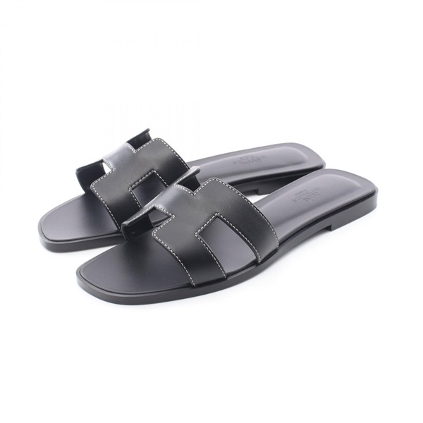 HERMES Oran Sandals Flat leather Black Used Women size 37 1/2