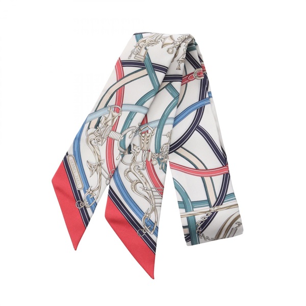 HERMES Twilly Harnais Legendaire Ribbon Scarf Wrap Foulard silk White Multicolor