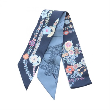 HERMES Twilly BRIDES de GALA en fleurs Ribbon Scarf Wrap silk Navy Multicolor