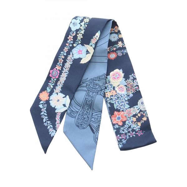 HERMES Twilly BRIDES de GALA en fleurs Ribbon Scarf Wrap silk Navy Multicolor