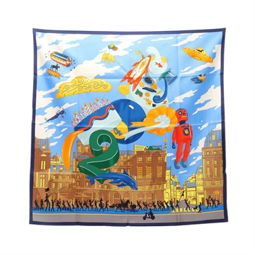 HERMES Carre 90 HERMES PARADE Scarf Stole Wrap Foulard silk Blue Multicolor