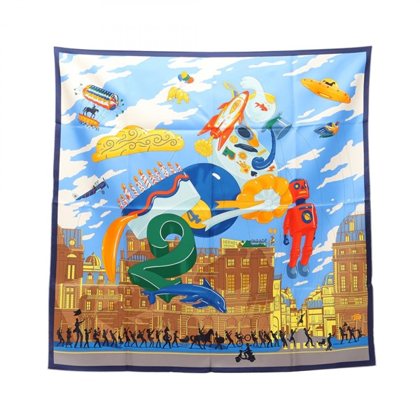 HERMES Carre 90 HERMES PARADE Scarf Stole Wrap Foulard silk Blue Multicolor