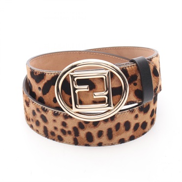 FENDI FF logo buckle leopard print belt 8C0411 leather Beige Brown GHW #75/30