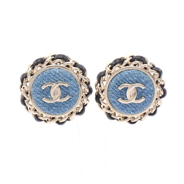 CHANEL COCO Mark Circle Pierced earrings Gold Plated Denim Gold Blue Used Women