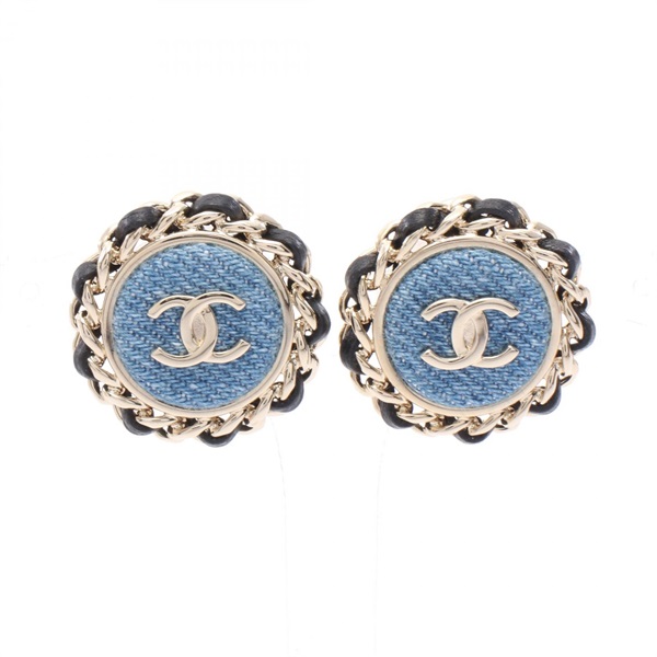 CHANEL COCO Mark Circle Pierced earrings Gold Plated Denim Gold Blue Used Women