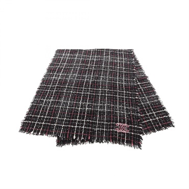 CHANEL COCO Mark Tweed Stole wool Cotton cashmere Black White Pink Used Women