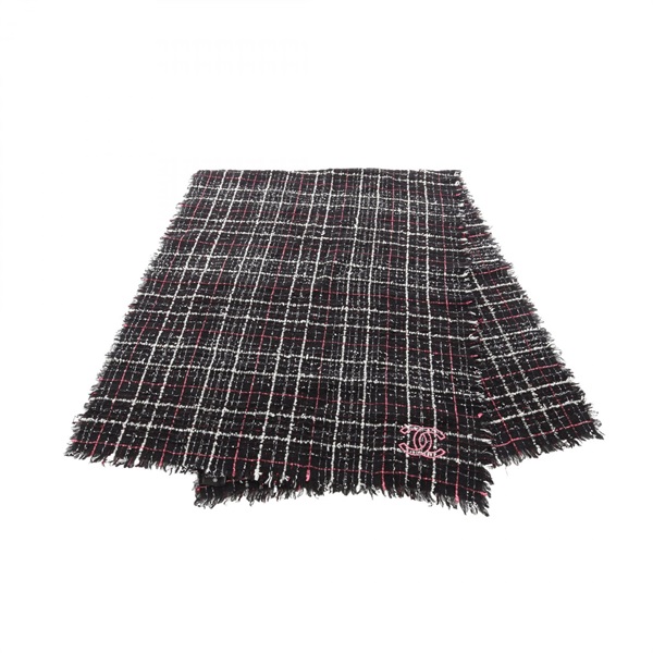 CHANEL COCO Mark Tweed Stole wool Cotton cashmere Black White Pink Used Women