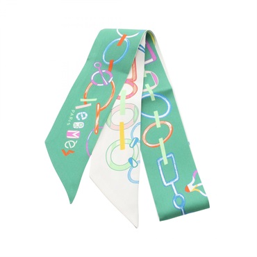 HERMES Twilly Do Re BOUCLES Ribbons Scarf Silk Green White Multicolor Used Women