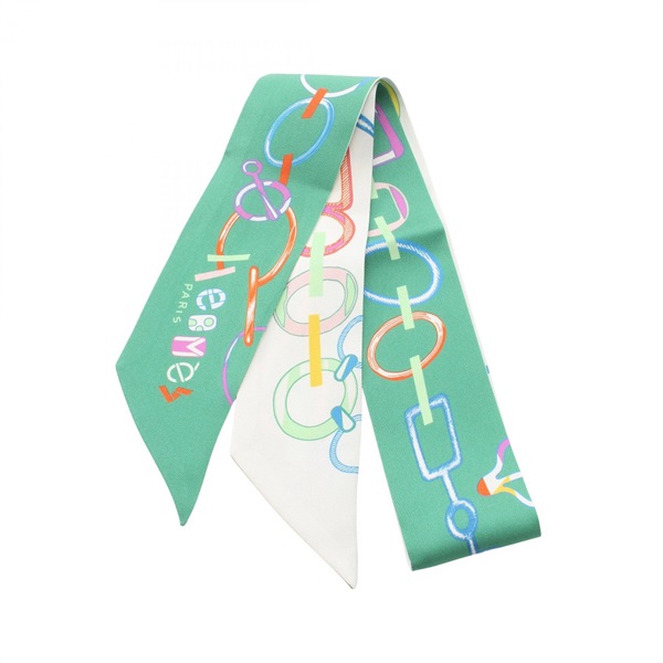 HERMES Twilly Do Re BOUCLES Ribbons Scarf Silk Green White Multicolor Used Women
