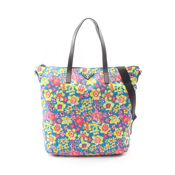 PRADA TESSUTO STAMPAT Floral Crossbody Shoulder Tote Bag Nylon Saffiano leather