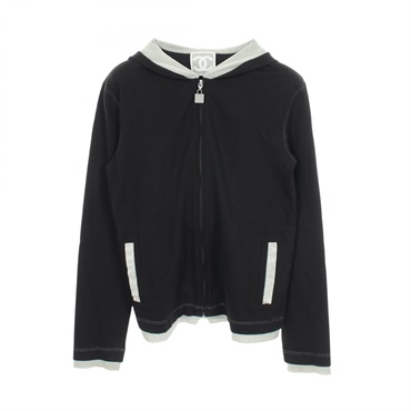 CHANEL Sports line Hoodie Top #34 cotton Nylon Black Silver Used Women Coco CC