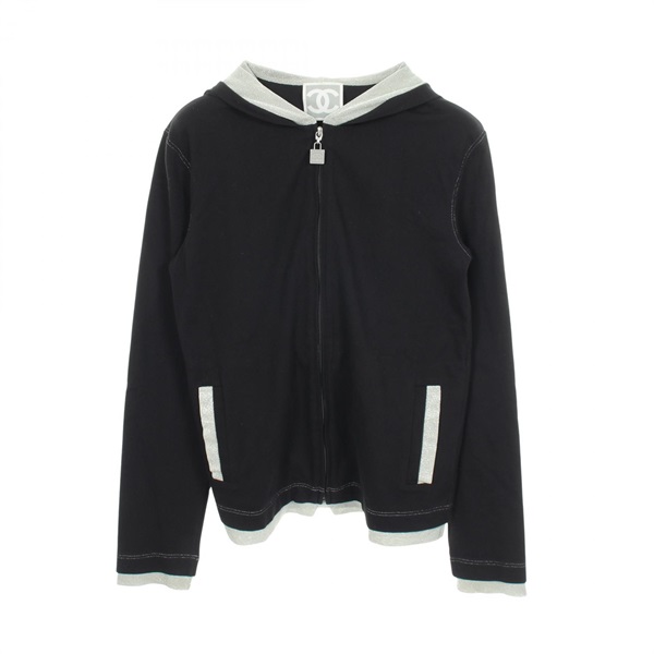 CHANEL Sports line Hoodie Top #34 cotton Nylon Black Silver Used Women Coco CC