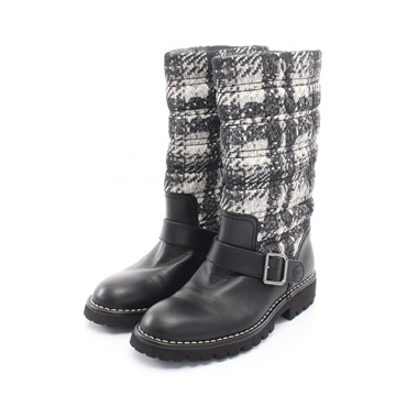 CHANEL COCO Tweed Snow boots G29477 Nylon leather Black White Used Women #36