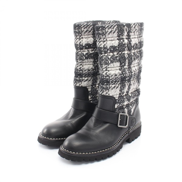 CHANEL COCO Tweed Snow boots G29477 Nylon leather Black White Used Women #36
