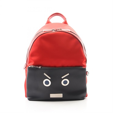 FENDI Face No Words Rucksack Backpack 7VZ012 leather Nylon Red Black mens