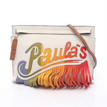 LOEWE Paulas Ibiza T-Pouch Shoulder crossbody fringe Bag leather White Brown