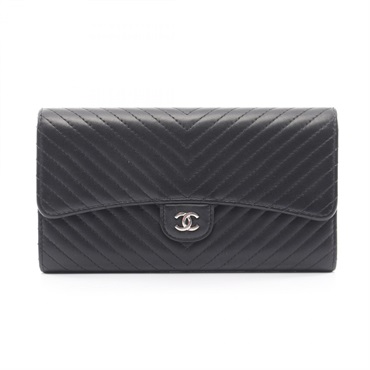 CHANEL V-Stitch Chevron Bifold purse Lambskin Black SHW Used Women CC Logo