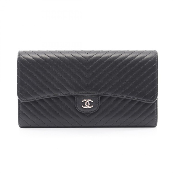 CHANEL V-Stitch Chevron Bifold purse Lambskin Black SHW Used Women CC Logo