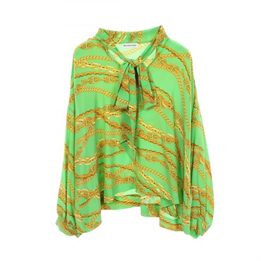 BALENCIAGA Chain print with bow tie blouse silk Green Yellow #34 Used Women