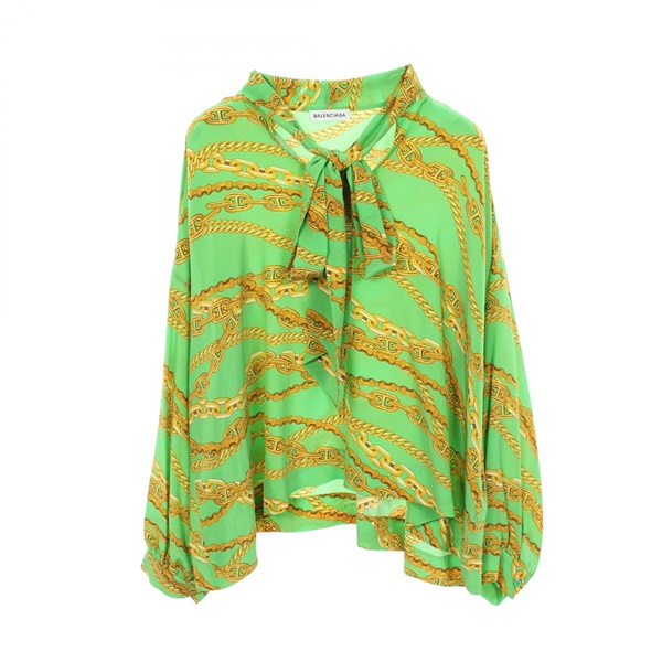 BALENCIAGA Chain print with bow tie blouse silk Green Yellow #34 Used Women