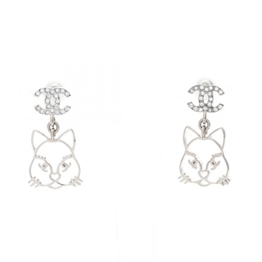 CHANEL COCO Mark Cat Pierced Earrings Stainless Steel Rhinestone Used Women CC