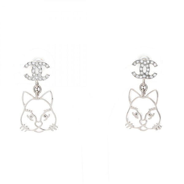 CHANEL COCO Mark Cat Pierced Earrings Stainless Steel Rhinestone Used Women CC