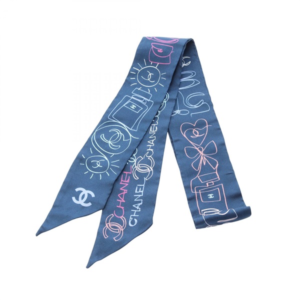 CHANEL COCO Mark total pattern Scarf silk Navy Multicolor Used Women CC Logo