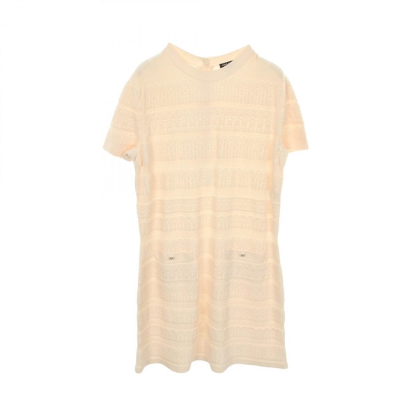 CHANEL COCO Mark Button Short Sleeved Dress #42 wool White Used Women CC