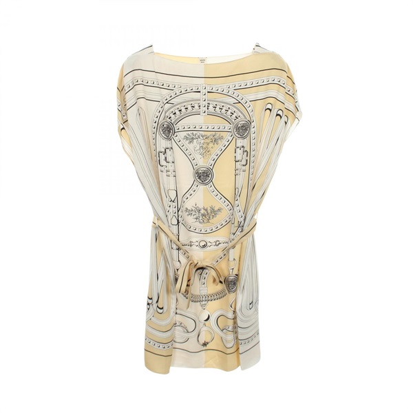 HERMES Twillaine Grand Tralala Dress #42 silk Beige Black White  Used Women