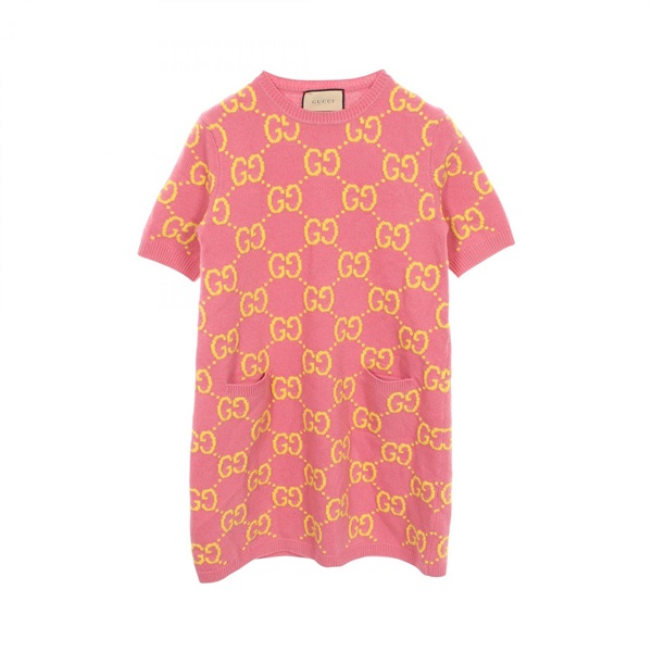 GUCCI GG Jacquard Short sleeved Dress wool Pink Yellow Used Women size M