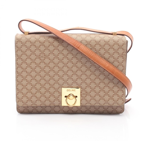 CELINE Triomphe Shoulder Bag canvas leather Beige Brown Used Women