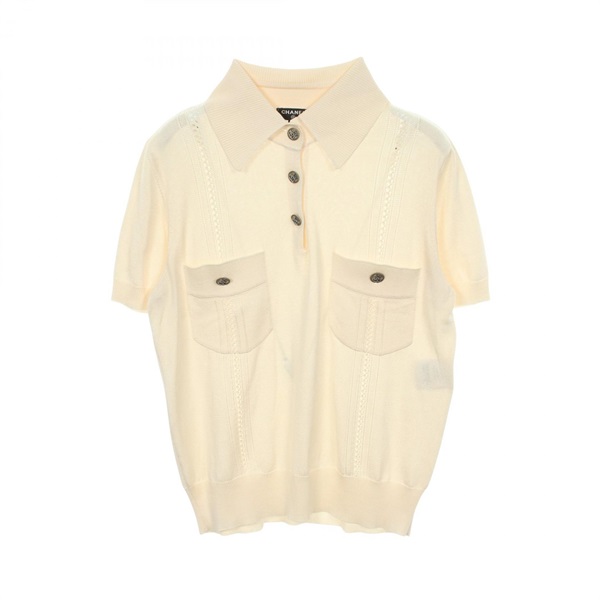CHANEL COCO CUBA Logo Button Knit Polo Shirt #38 P55702K07302 silk Beige Used