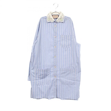 GUCCI Striped Rhinestones Shirt Dress #38 cotton Blue White Used Women