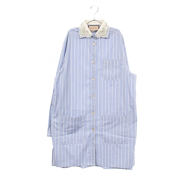 GUCCI Striped Rhinestones Shirt Dress #38 cotton Blue White Used Women