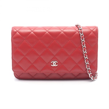 CHANEL Matelasse Chain Shoulder Crossbody Bag Lambskin leather Red SHW Used