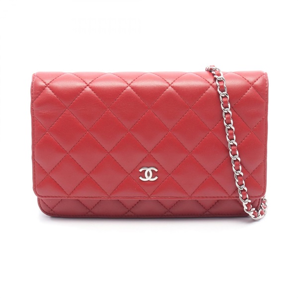 CHANEL Matelasse Chain Shoulder Crossbody Bag Lambskin leather Red SHW Used