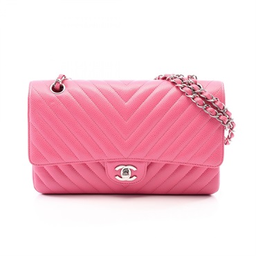 CHANEL Chevron V-stitch Double Flap Chain Shoulder Bag Calfskin Pink SHW Used CC