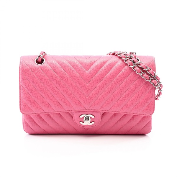 CHANEL Chevron V-stitch Double Flap Chain Shoulder Bag Calfskin Pink SHW Used CC
