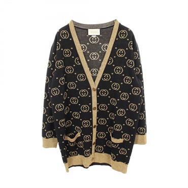 GUCCI Interlocking G cardigan knitwear #XL wool Black Gold Used Women